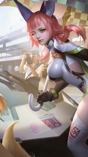Girl with pink hair and fox ears holding an umbrella