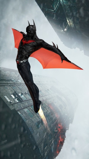 Batman Beyond flying near futuristic structures