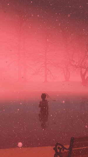Artwork of a figure in a red, misty forest