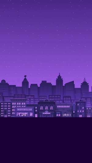Minimalist purple cityscape at night with stars