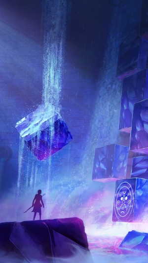 Artwork of a person in a cave with floating crystals