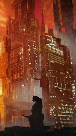 Cat sitting in front of futuristic city