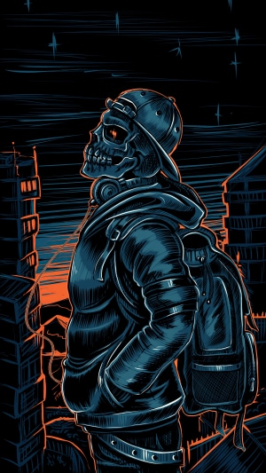 Skull with headphones and backpack in city at night