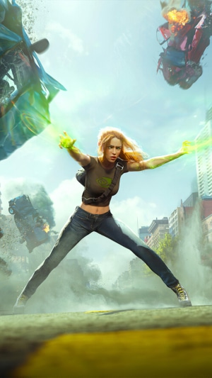 Woman using green energy in a city destruction scene