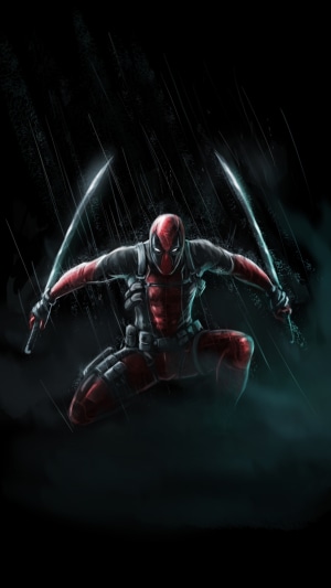Deadpool with swords in the rain