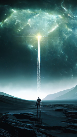 Astronaut looking at a light beam in space