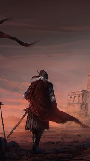 Knight in Red Cape Looking at Castle
