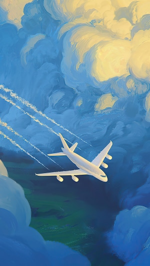Airplane flying through clouds with contrails