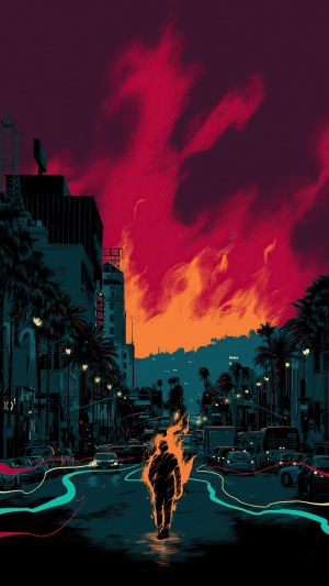 Man on Fire walking down a burning city street