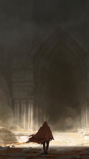 Figure in a red cloak in ancient ruins