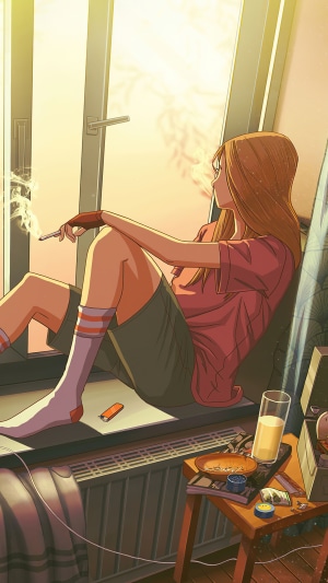 Girl smoking by the window at sunset