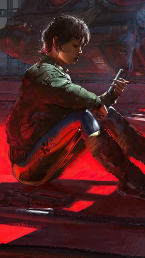 Woman in futuristic attire smoking