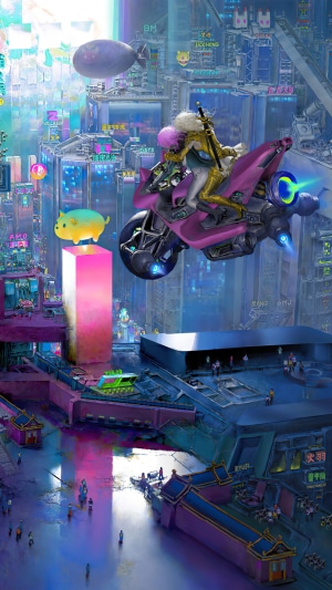 Cyberpunk city with flying motorcycle and characters