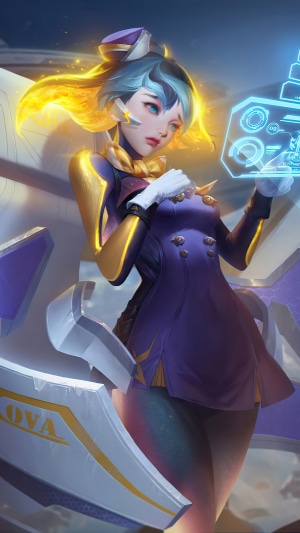 Girl with blue hair and futuristic outfit in Arena of Valor