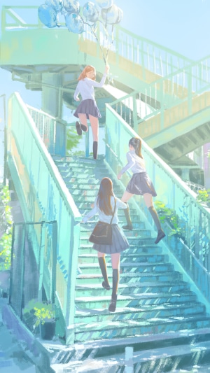 Anime girls with balloons on stairs