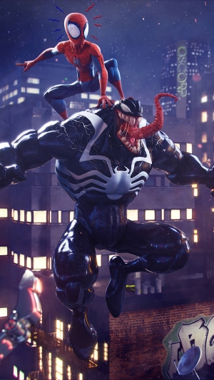 Spider-Man and Venom in a City at Night