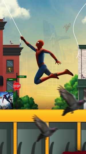Spider-Man swinging through a city with pigeons and Avengers Tower