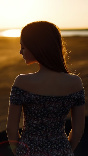 Girl in off-the-shoulder dress at sunset