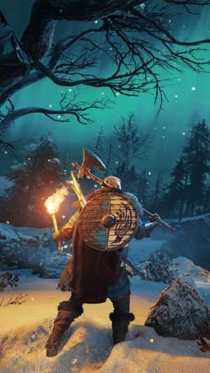 Eivor from Assassin's Creed Valhalla in a snowy forest