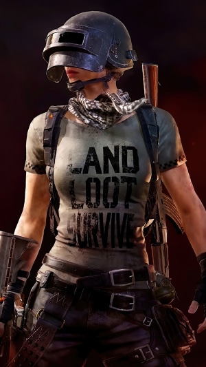 PUBG character with 'Land Loot Survive' shirt