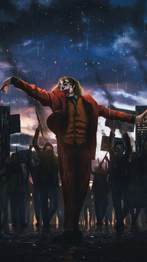 Joker dancing in the rain with a crowd