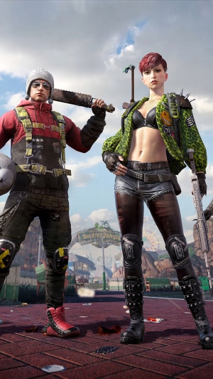 PUBG characters with weapons in amusement park