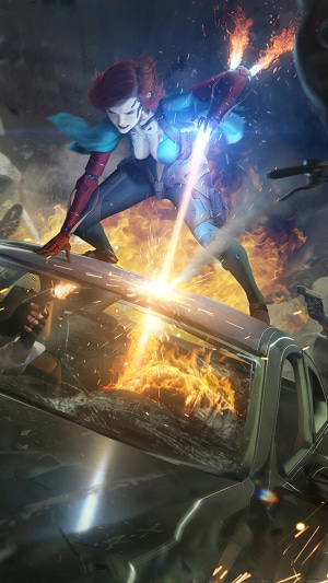 Woman with cybernetic arm and sword on car