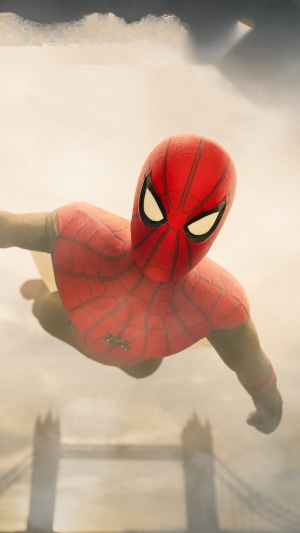 Spider-Man flying with Tower Bridge in background