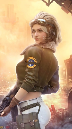 Woman in pilot jacket with rifle