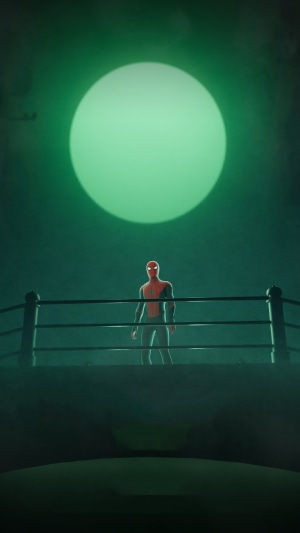 Spider-Man in a boxing ring under a green moon