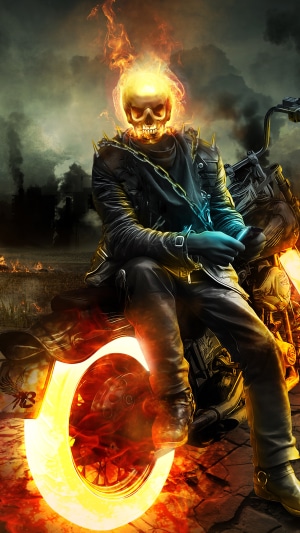 Ghost Rider on a motorcycle with flaming wheel