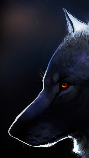 Close-up of a wolf's head with glowing orange eyes