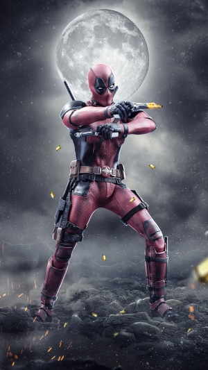 Deadpool with guns under the moon
