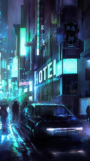 Cyberpunk street scene with hotel and car
