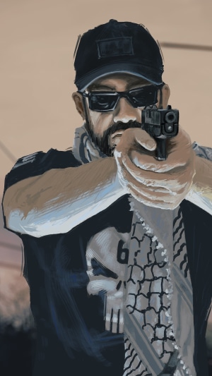 Man with gun and Punisher shirt