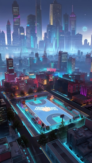 Digital art of a futuristic city with a basketball court