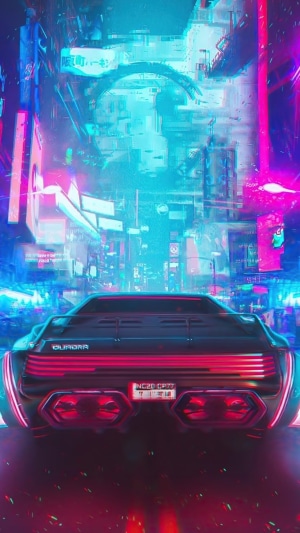 Cyberpunk city street with a futuristic car