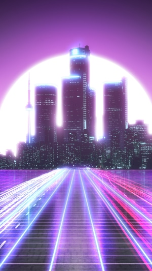 Synthwave cityscape with light trails