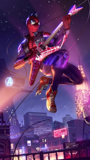 Spider-Man playing a guitar in a city at night