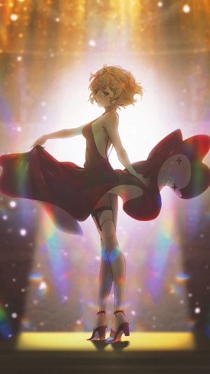 Anime girl in red dress on stage
