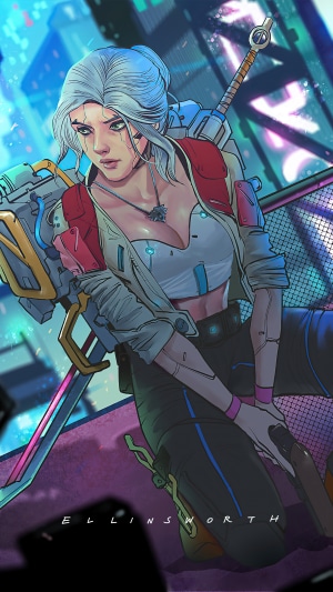 Ciri from The Witcher 3 in Cyberpunk 2077 style