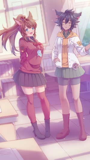 Anime girls with cat ears in a classroom