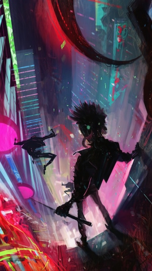 Cyberpunk artwork of figures in a neon city