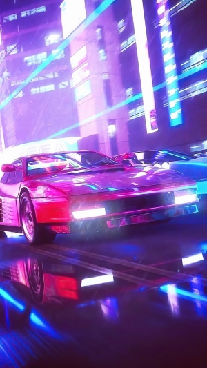 Retro sports cars driving through a neon city at night