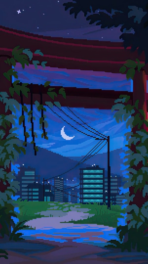Pixel art city at night with moon and stars