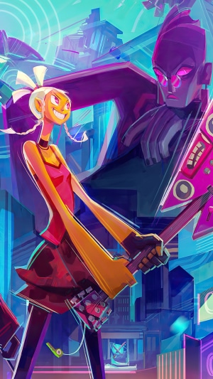 Girl playing guitar with robot in futuristic city
