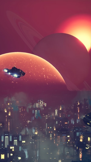 Spaceship over futuristic city with planets and rings