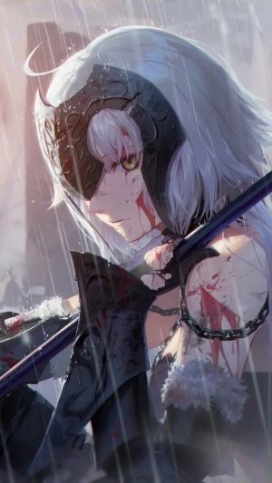 Anime warrior girl with white hair and blood
