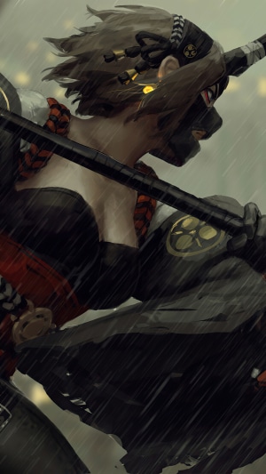 Samurai with mask and staff in rain