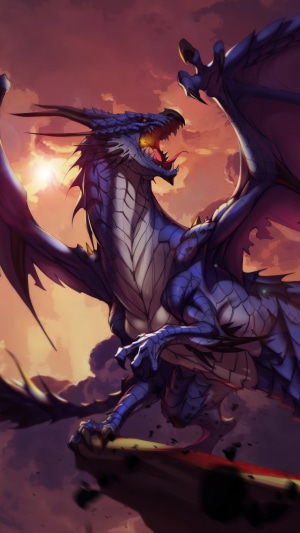 Blue Dragon roaring at sunset